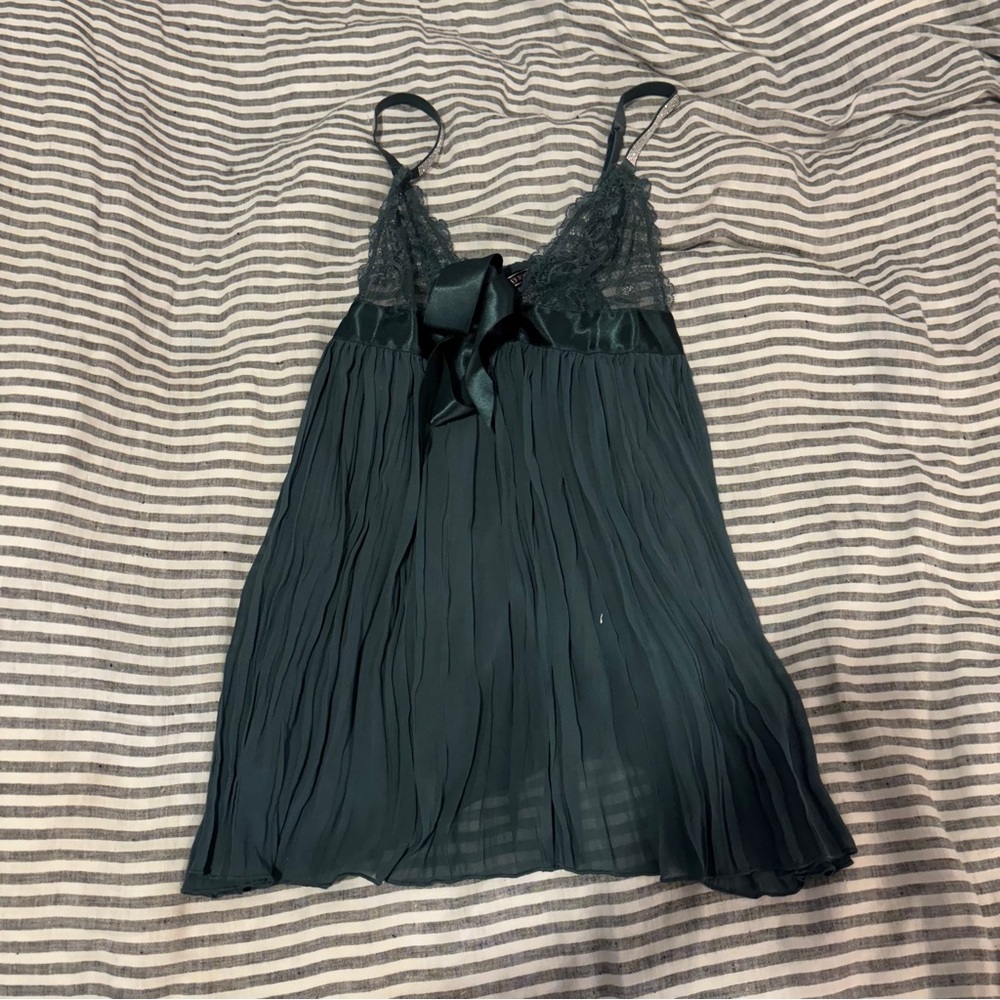Victoria’s Secret dark green teddy, top, rhinestone straps, lace